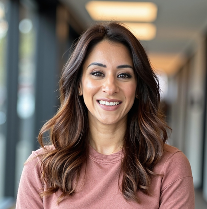 Smiling woman with long wavy hair wearing a pink top in a bright indoor setting.