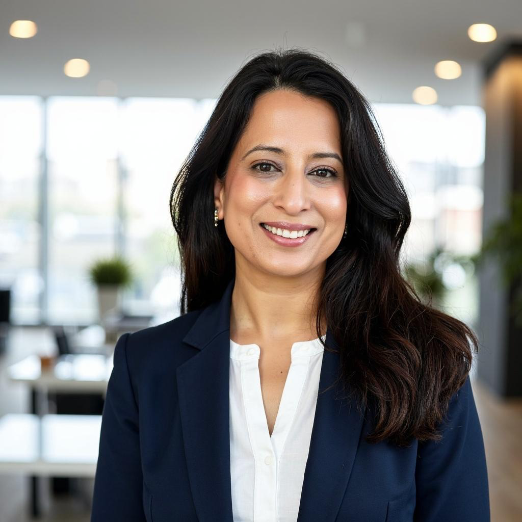 Smiling woman in a navy blazer and white blouse standing in a bright office setting.