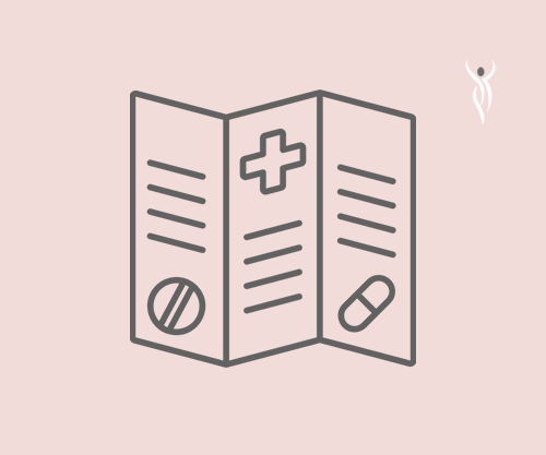 Line art icon of a medical brochure or pamphlet featuring a medical cross and medicine symbols on a soft pink background.